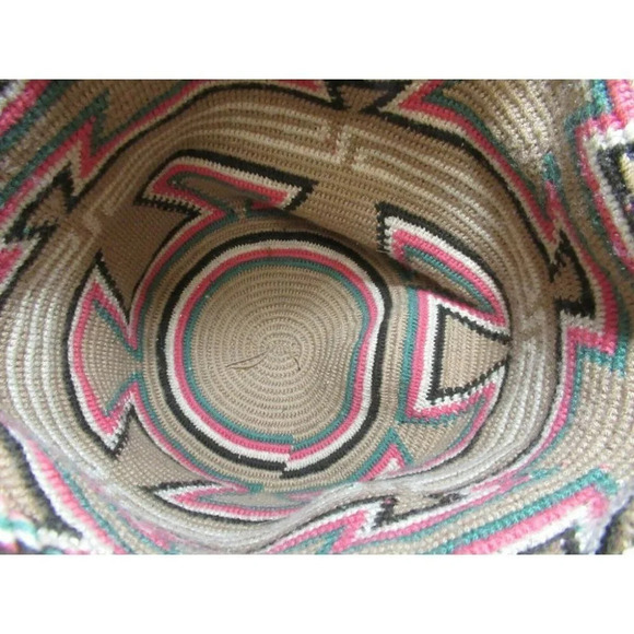 Wayúu Mochila Bag Woven Handbag Bucket with Shoulder Straps Colombian Pink Beige - Picture 9 of 9